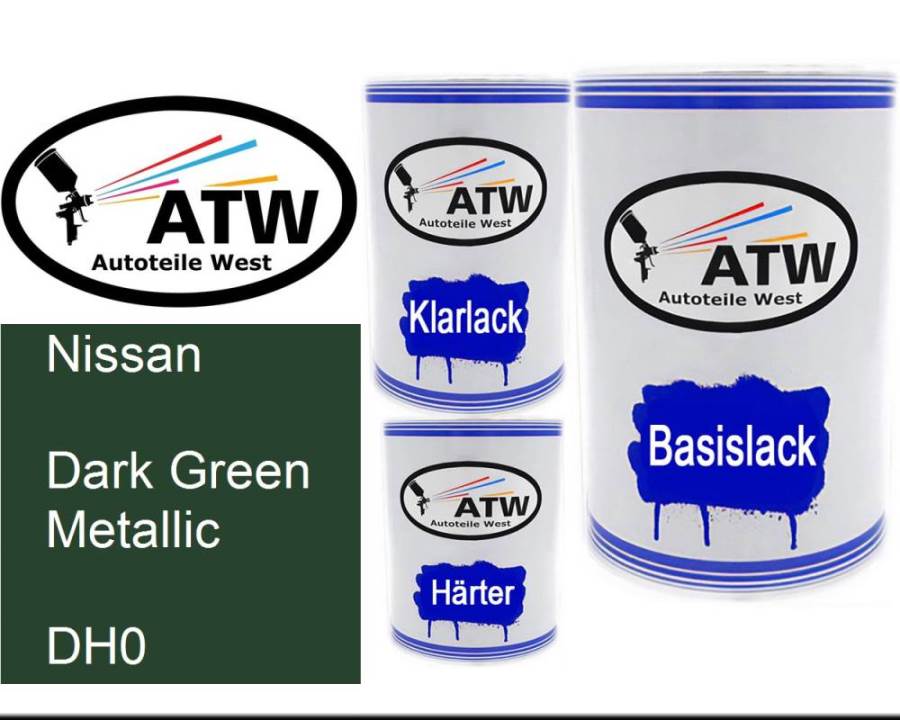 Nissan, Dark Green Metallic, DH0: 500ml Lackdose + 500ml Klarlack + 250ml Härter - Set, von ATW Autoteile West.